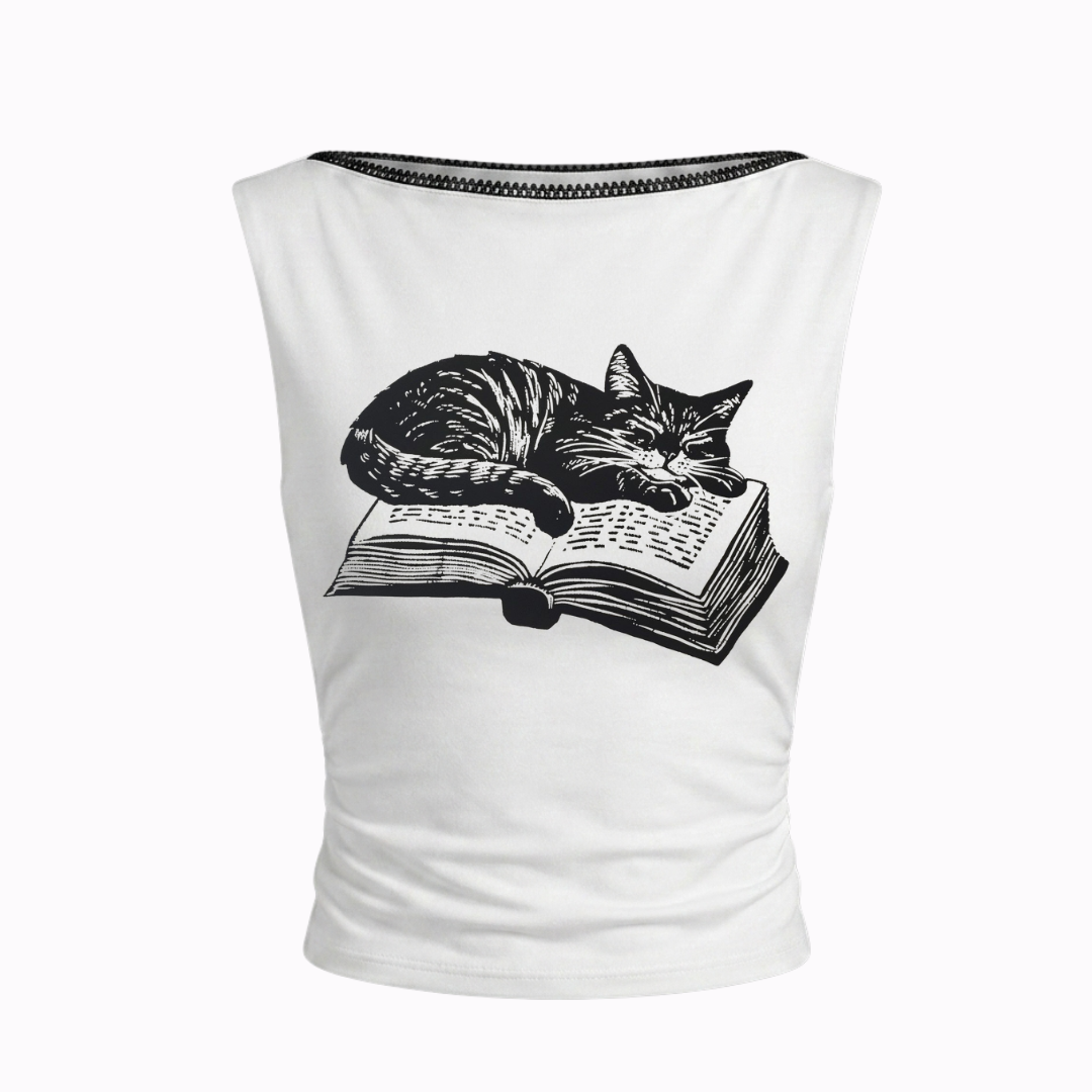 TOP CUELLO BARCO GATO Y LIBRO ANIMALES